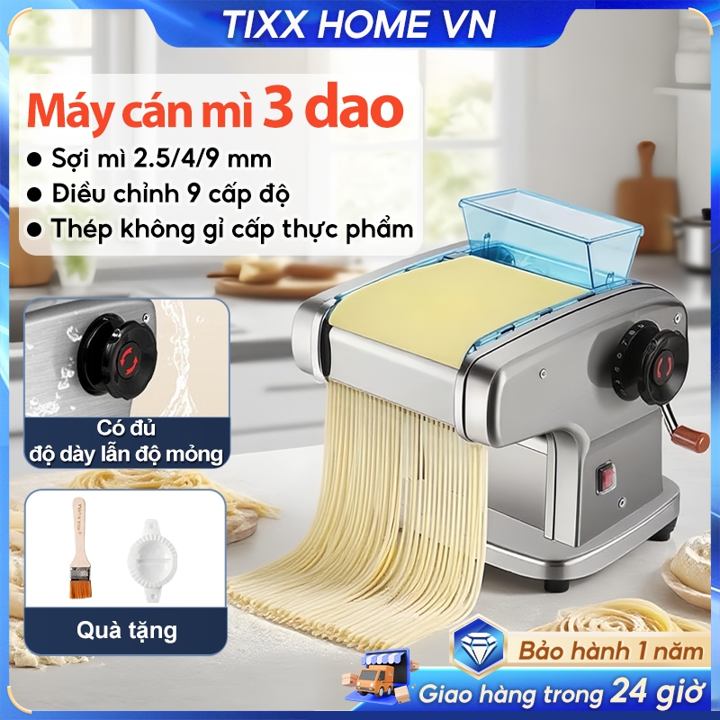 Tixx Máy cán mì điện 135W Máy cán mì tự động hoàn toàn Thép Không Gỉ An Toàn Thực Phẩm, Dễ Vệ Sinh