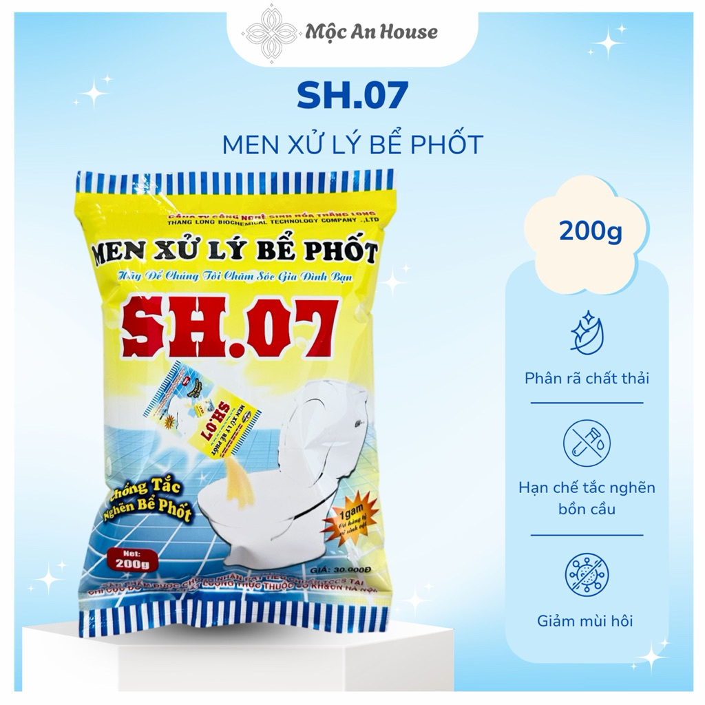 [ MUA 10 TẶNG 2 ] -  Men Vi Sinh Xử Lý Bể Phốt SH07 – Hỗ Trợ Phân Huỷ Chất Thải, Hạn Chế Tắc Bồn Cầu Hầm Cầu (Gói 200g)