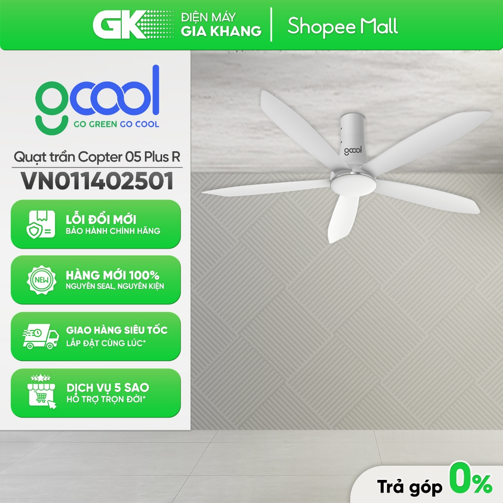 [GIAM200] VN011402501 Trắng| VN011402511 Bạc Ghi | VN011402512 Nâu Sữa Quạt Trần Gcool Copter 05 Plu