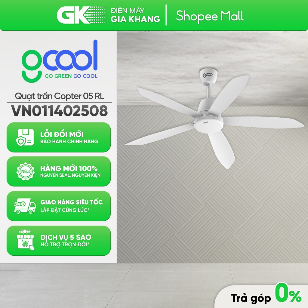 [GIAM200] VN011402508 [Trắng] | VN011402510 [Nâu Sữa] Quạt Trần Gcool Copter 05 RL - Điều khiển từ x