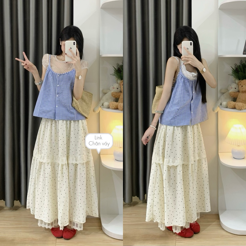 | Hta.boutique | Chân váy dài chấm bi 2 lớp phối chân ren cạp chun