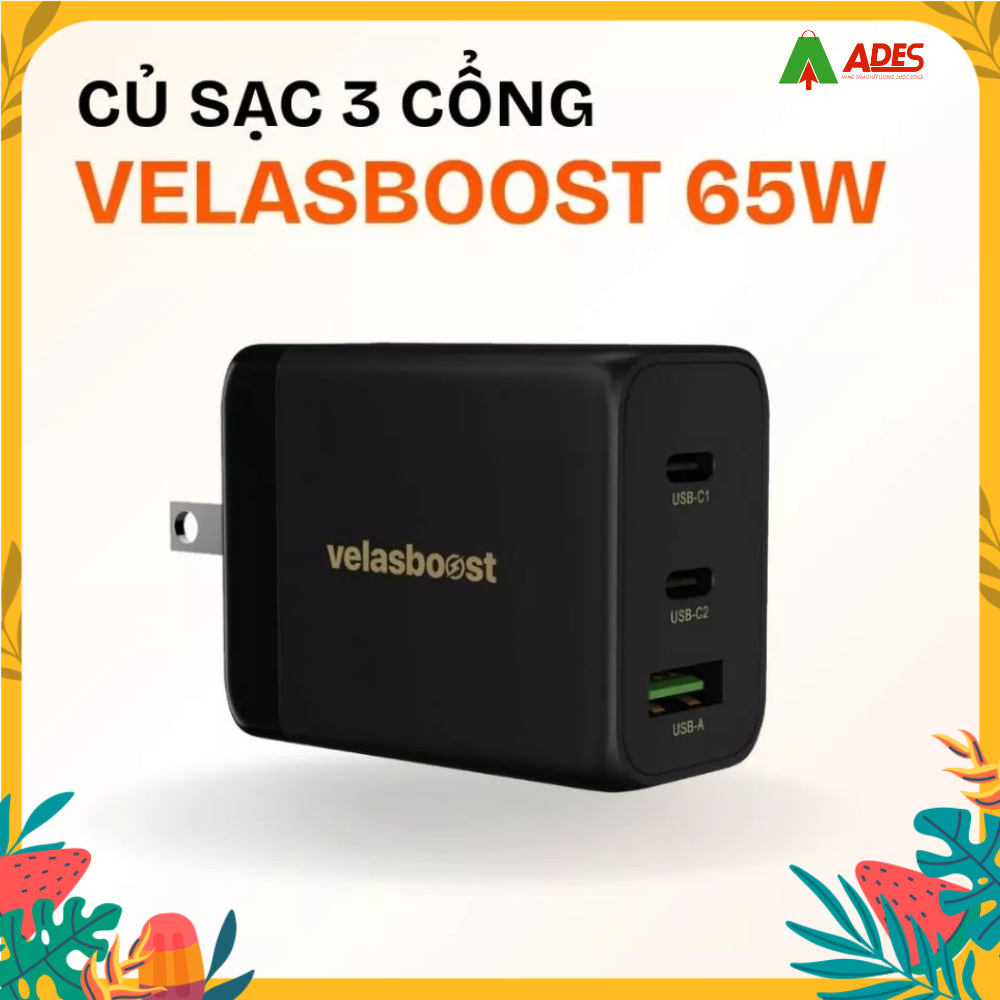 ✔️Củ sạc nhanh 65W 3 cổng velasboost, Sạc Gan, Sạc nhanh ít nóng, Củ sạc điện thoại✔️Hàng Chính Hãng