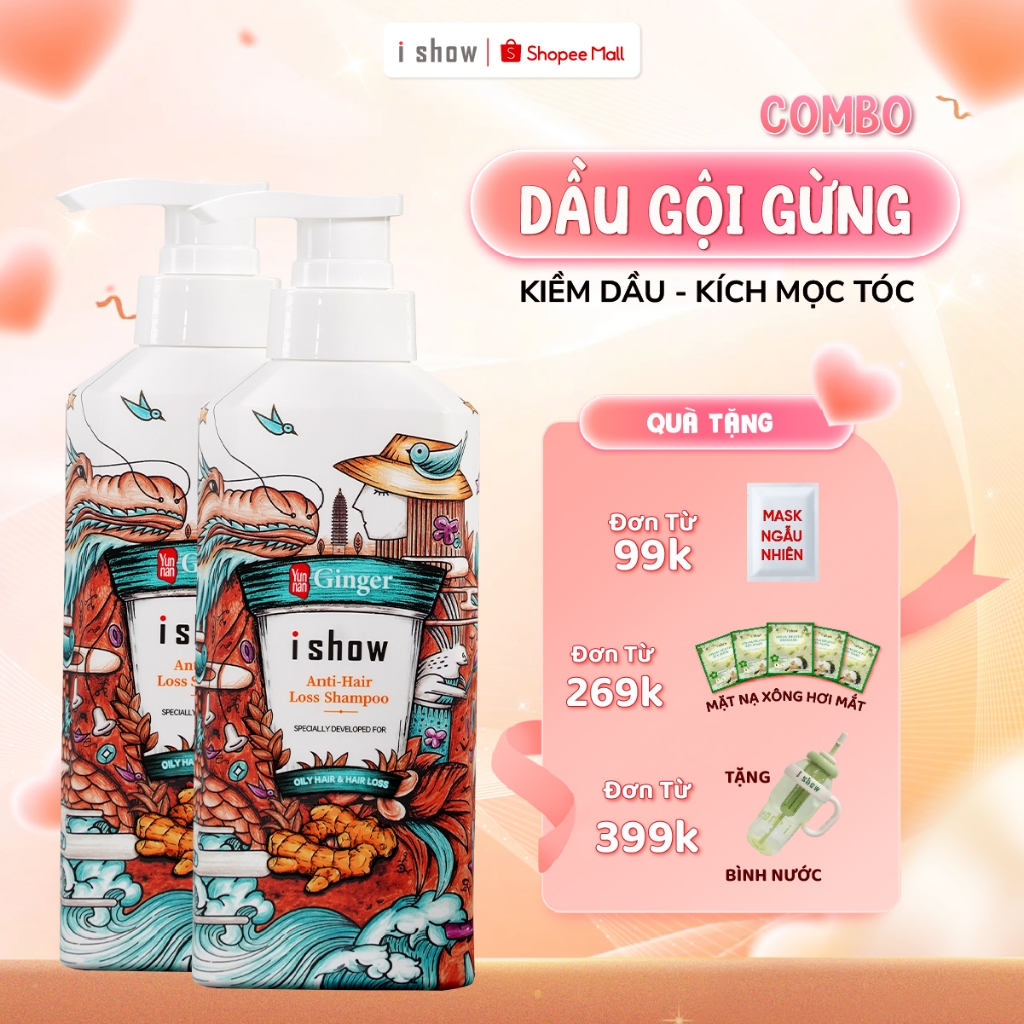 Combo 2 Chai Dầu Gội Gừng I SHOW Giảm Rụng Kích Mọc Tóc, Dầu Gội Thảo Dược 300ml/chai