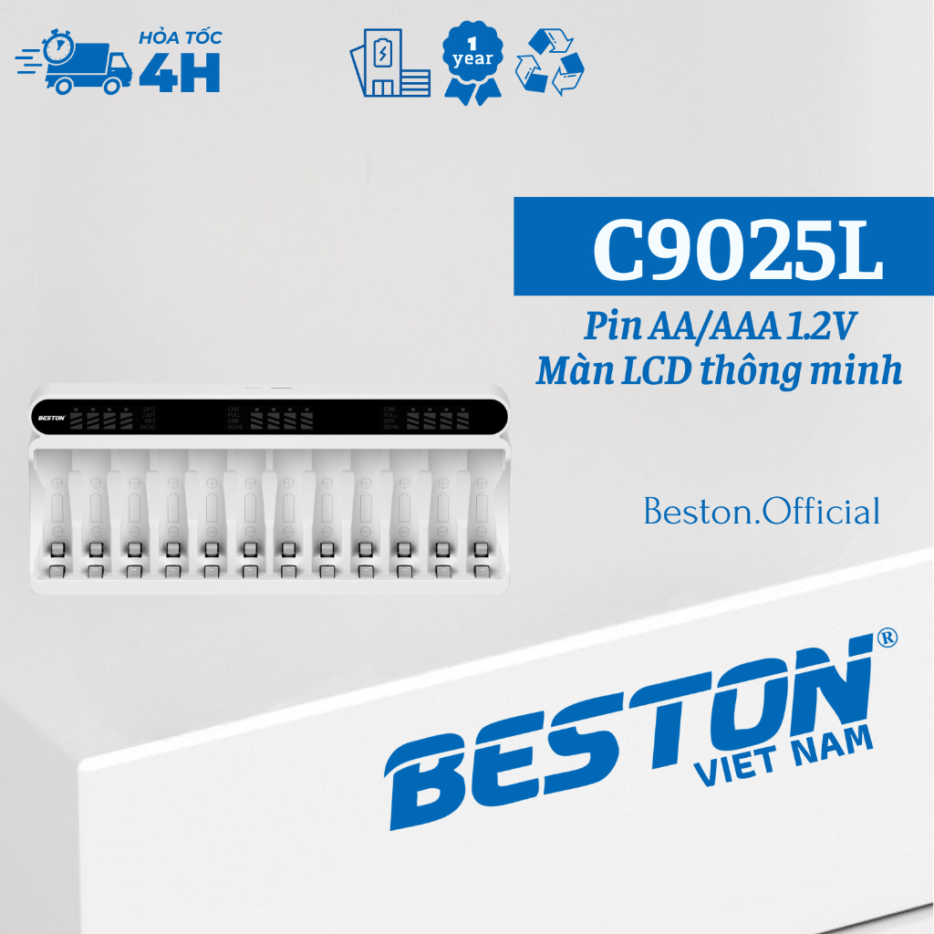 Sạc thông minh C9025L dành cho pin AA/AAA 1.2V - 12 slot tiện lợi - (BẢO HÀNH 1 NĂM) - BESTON