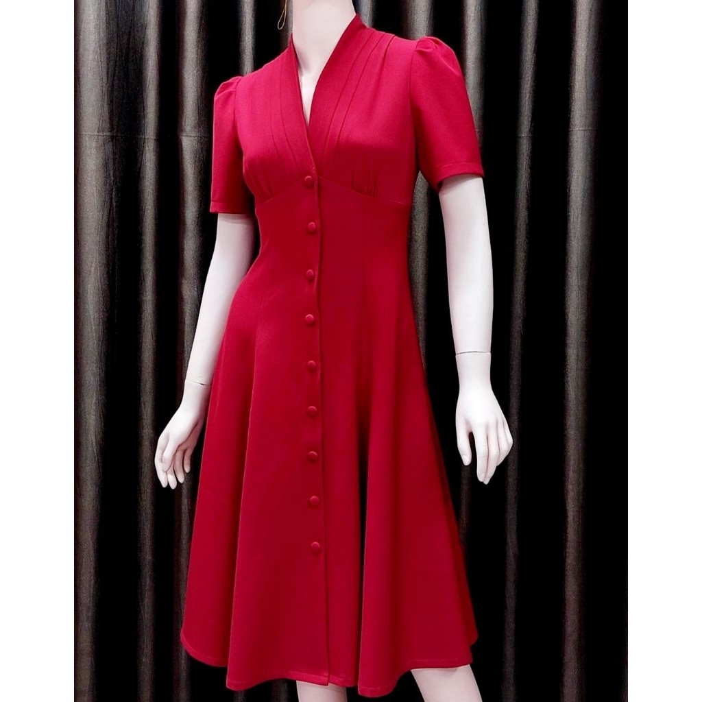 RẬP GIẤY ĐẦM xòe 7 mảnh, cổ V xếp Leo, nhún ngực - D51