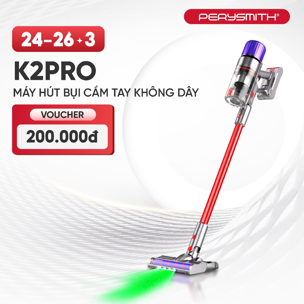 Máy Hút Bụi Không Dây PerySmith K2PRO Gọn Nhẹ Lực Hút Mạnh 28.000Pa Với Bộ Lọc HEPA Đa Tầng