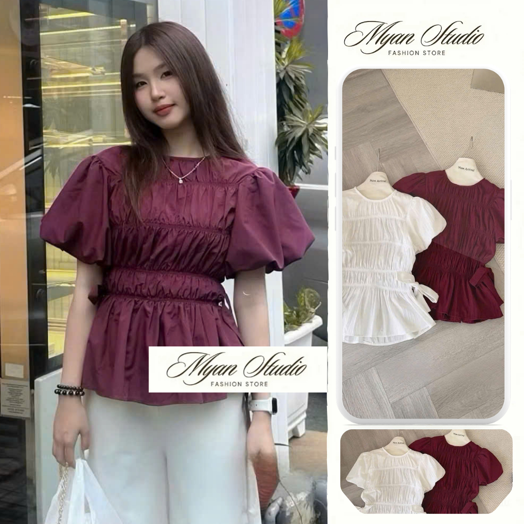 Sơ mi chạy chun tay phồng đính nơ eo 2 màu siu ưng hottrend cho các nàng_Myan store