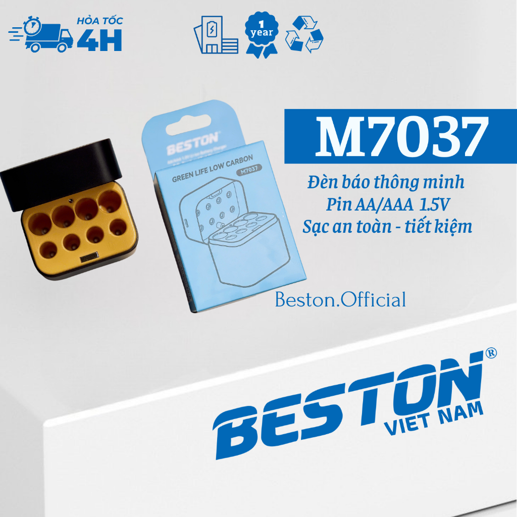 Sạc Beston M7037 cho pin AA AAA 1.5V – Type-C, 8 khe sạc, tự ngắt an toàn, sạc nhanh