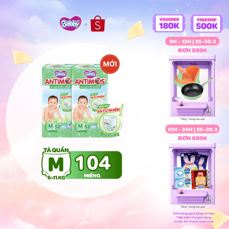 [MỚI] Combo 2 tã Quần Xua Muỗi Bobby Antimos – Hàng rào Sả tự nhiên Bye Muỗi 8H - M52/L50+2/XL48+4/XXL46+6
