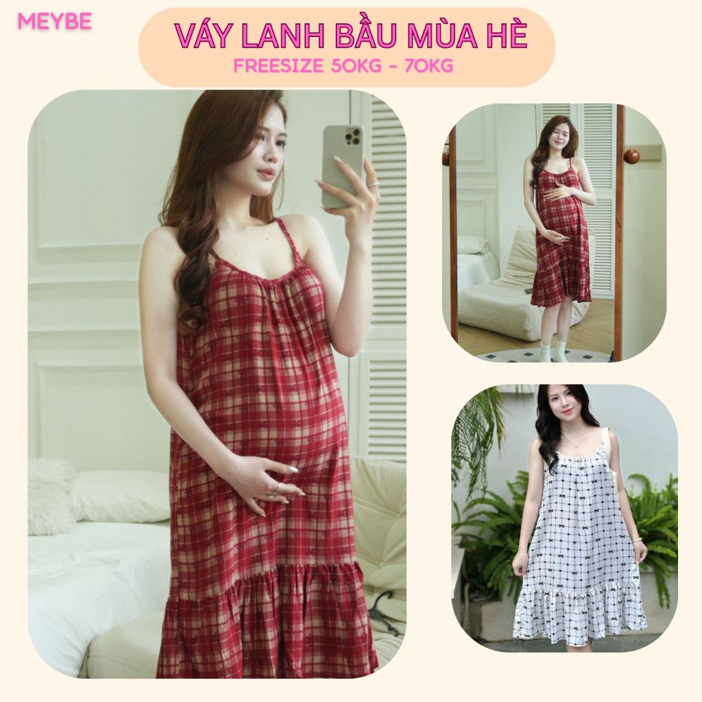 Váy bầu ngủ hai dây chất lanh siêu mềm mịn , thoáng mát dáng babydoll freesize 50kg - 65kg