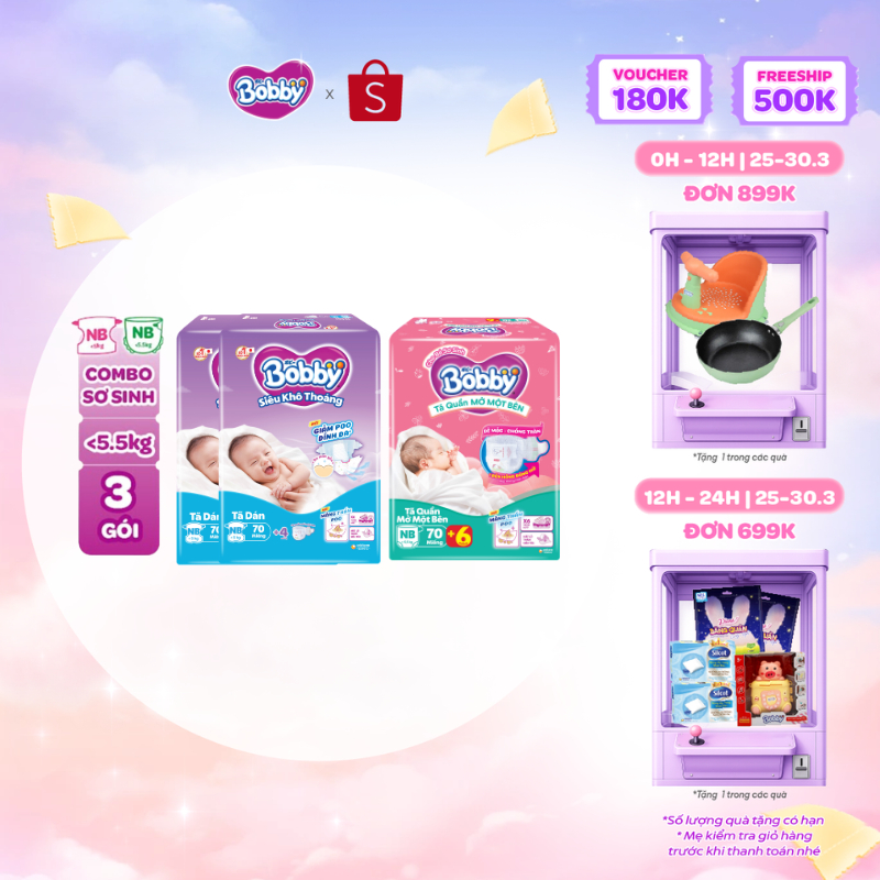 [TẶNG MIẾNG NGẪU NHIÊN] Combo sơ sinh gồm 02 gói Tã dán Bobby NB70 miếng và 01 gói Tã quần mở một bê