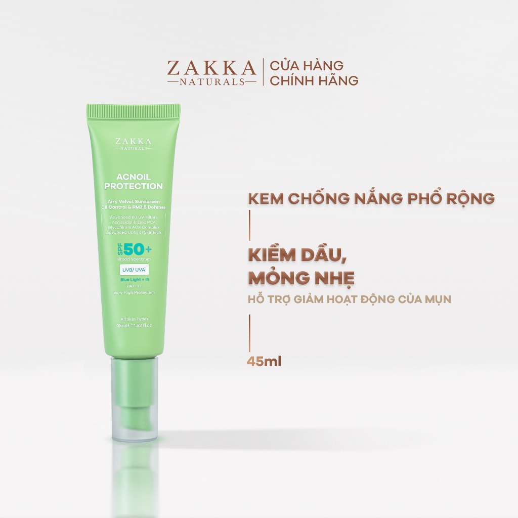 [Zakka live] Kem chống nắng phổ rộng Acnoil Protection Zakka Naturals kiềm dầu mỏng nhẹ 45ml