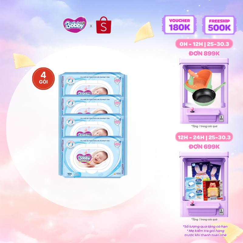Bộ 4 gói Khăn ướt Bobby không mùi 100 tờ/gói (Xanh)