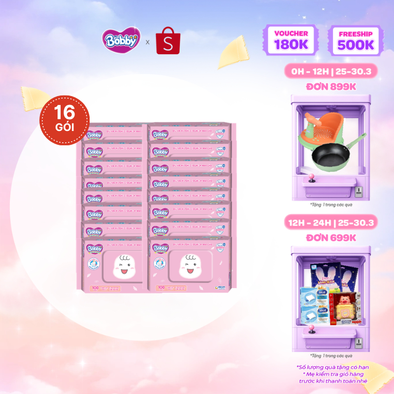 Thùng 16 Gói Khăn ướt Bobby Care hương thơm nhẹ nhàng 100 miếng/gói (Hồng)