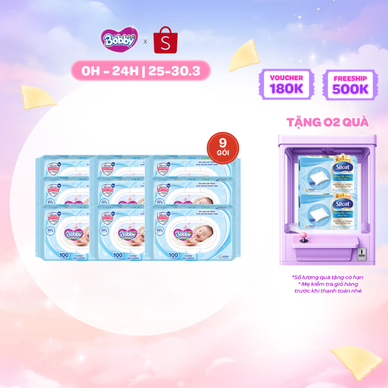 Combo 9 gói khăn ướt Bobby Care không hương 100 miếng/gói