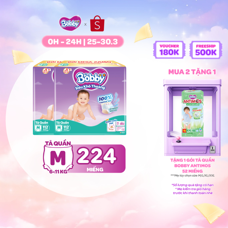 [TẶNG MIẾNG NGẪU NHIÊN] Combo 02 tã quần Bobby Khô Thoáng - 100% Thoáng Khí Mega Jumbo M112/L96/XL84/XXL76