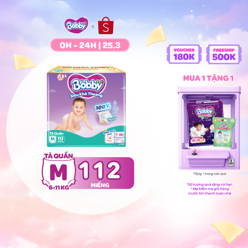 [TẶNG MIẾNG NGẪU NHIÊN] Tã quần Bobby Khô Thoáng - 100% Thoáng Khí Mega Jumbo  M112/L96/XL84/XXL76
