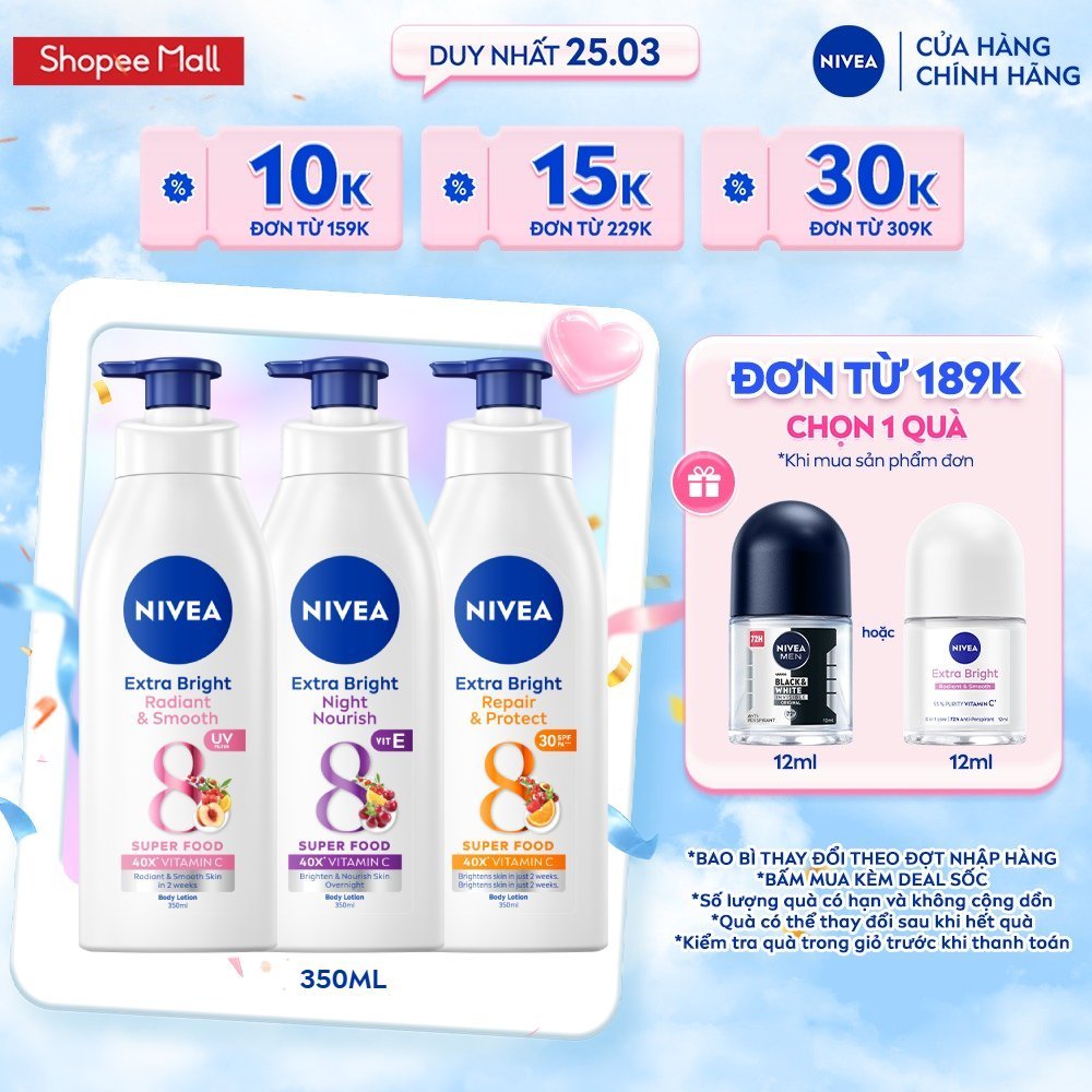 Sữa Dưỡng Thể NIVEA Extra Bright Dưỡng Sáng Mịn | Phục Hồi & Chống Nắng 8 Super Foods (350 ml) - 883