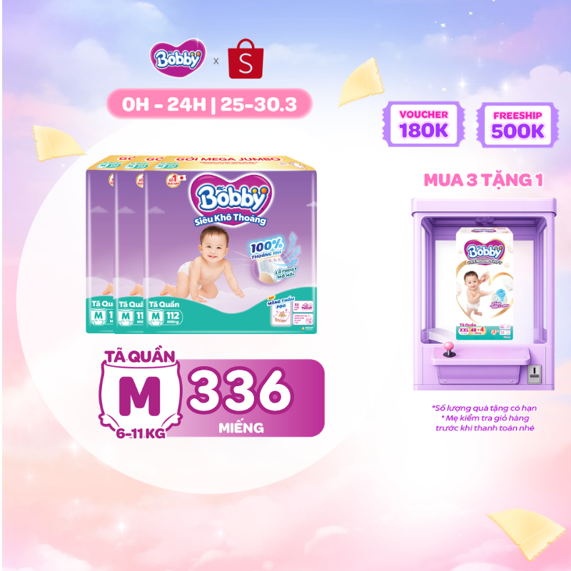 [TẶNG MIẾNG NGẪU NHIÊN] Combo 3 tã quần Bobby Siêu Khô Thoáng - 100% Thoáng Khí Mega Jumbo M112/L96/XL84/XXL76