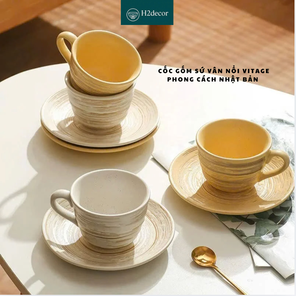 Cốc gốm sứ vân nổi vitage phong cách Nhật Bản tráng men cao cấp -H2decor