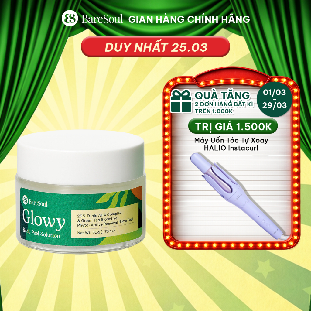 [TẶNG CỌ] Peel da giúp làm sáng, giảm thâm mông, nách, bikini, đầu gối, khuỷu tay AHA 25% BareSoul Glowy Body Peel 50g