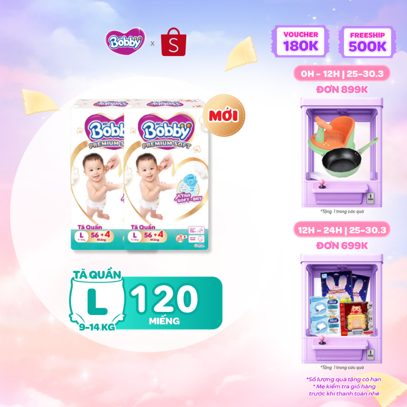 [Tặng 4 miếng] Combo 2 gói tã quần Bobby Premium Soft size M60/L56/XL52/XXL48