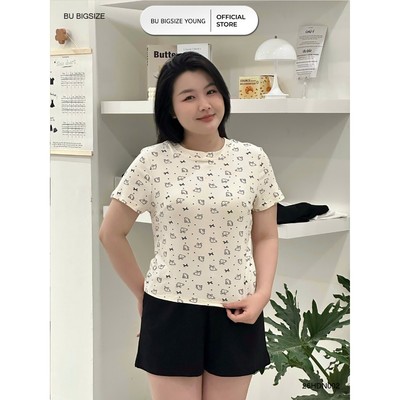 Bộ ngủ cộc tay cổ tròn + quần sooc đen BIGSIZE (55kg đến 95kg) - 26HDN002 - [BU Bigsize Young]