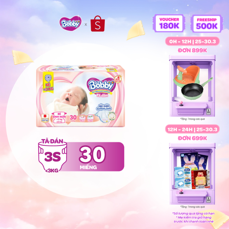 Tã dán Bobby cho trẻ thiếu tháng <3KG 30 miếng/gói