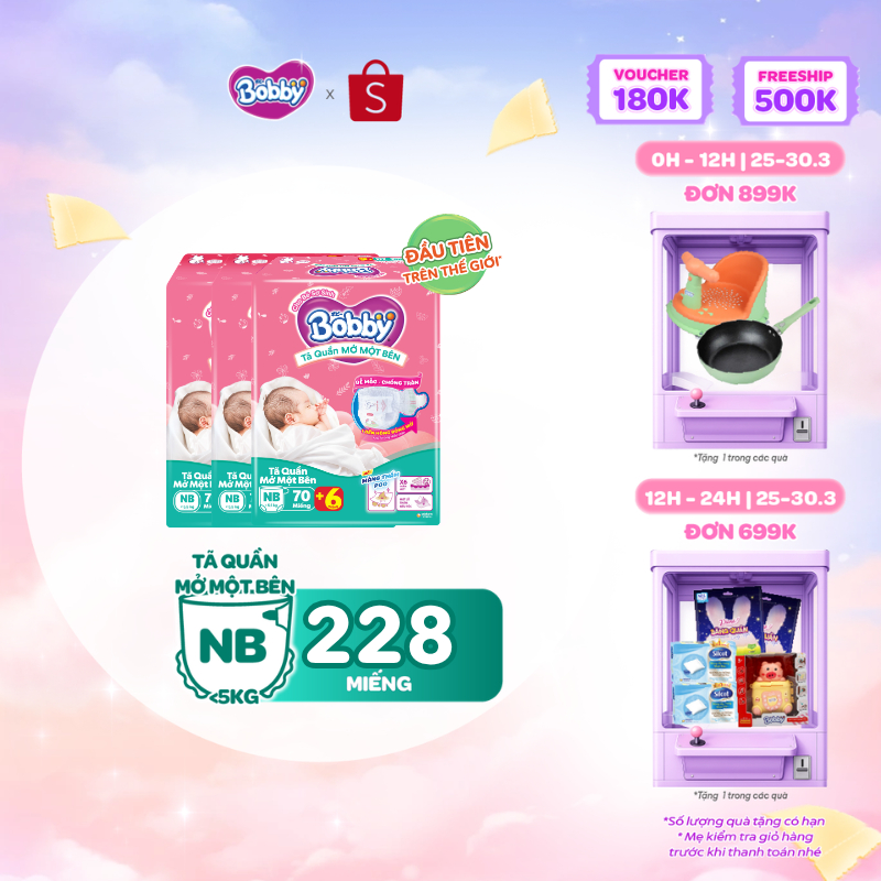 [MỚI][TẶNG MIẾNG] Combo 3 gói tã quần mở một bên Bobby dành cho bé sơ sinh size NB70+6/NB-S74/ S80/ 
