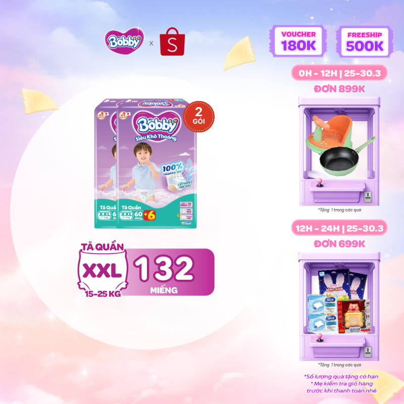 [Tặng miếng ngẫu nhiên] Combo 02 gói tã quần Bobby Siêu Khô Thoáng - 100% Thoáng Khí Ultra Jumbo M/L/XL/XXL/XXL