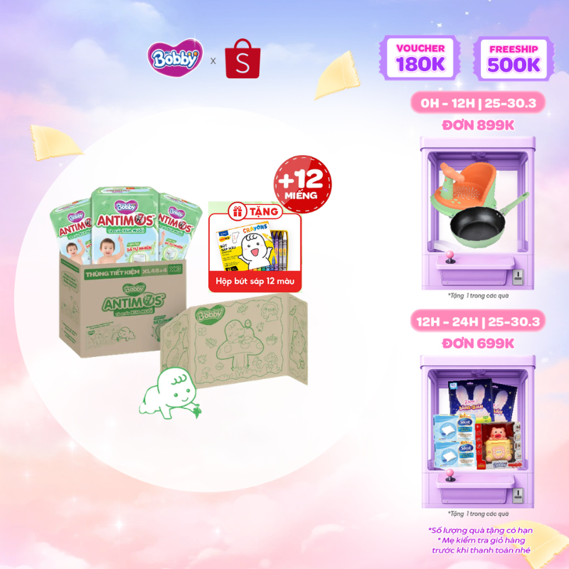 [THÙNG TIẾT KIỆM TÔ MÀU]CB 3gói tã Quần Xua Muỗi Bobby Antimos–Hàng rào Sả tự nhiên Bye Muỗi 8H-M52/L50+2/XL48+4/XXL46+6