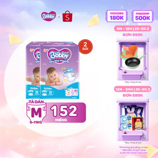 Combo 2 tã dán Bobby S80/M76/L68/XL62/XXL56 mới- Lõi nén cotton-soft 3mm