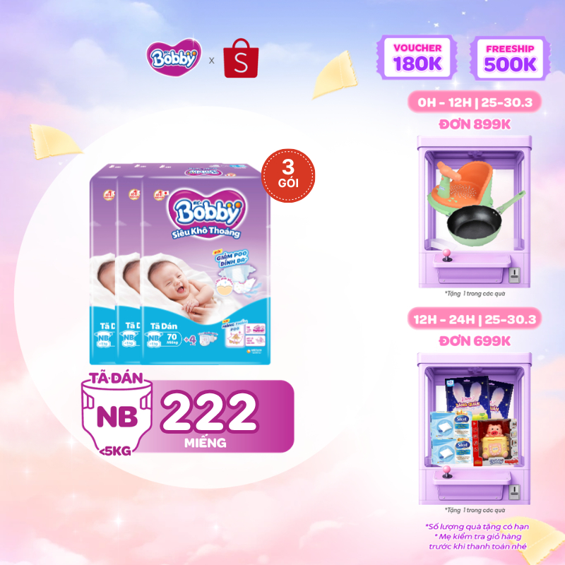 Combo 3 tã dán sơ sinh Bobby NB70/S54/M46 mới- Lõi nén cotton-soft 3mm