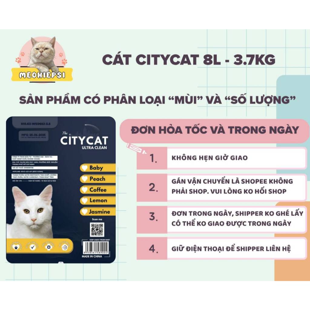 COMBO 3 túi cát citycat, cát vệ sinh cho mèo vón tốt, khử mùi và ít bụi - City cat 8L