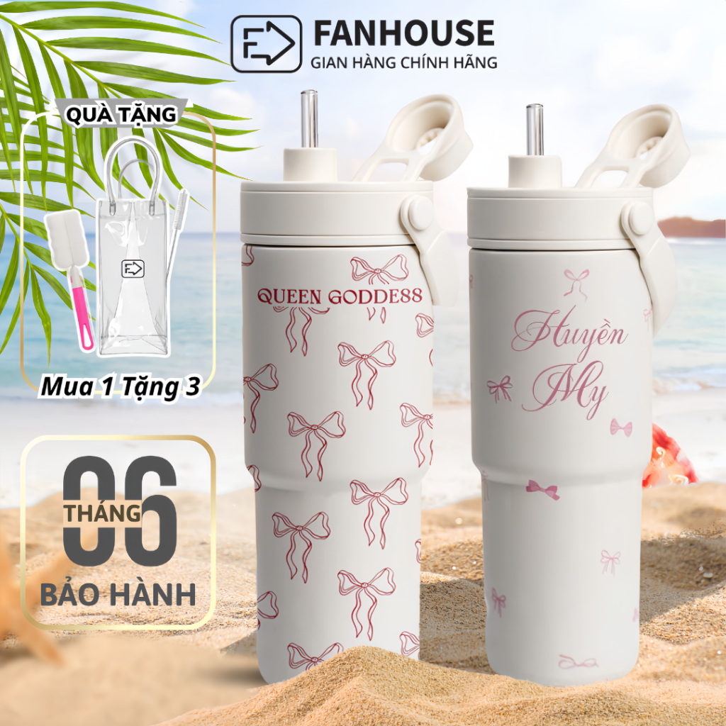 Ly giữ nhiệt Simply cao cấp Inox 316 Phủ Sứ, cốc giữ nhiệt Fan House 735ml ống hút thủy tinh