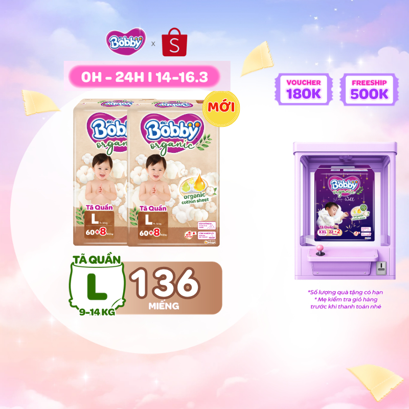 [TẶNG MIẾNG] Combo 2 gói tã quần cao cấp Bobby Organic chăm sóc dịu nhẹ từ thiên nhiên M72+8/L60+8/XL56+8/XXL54+6