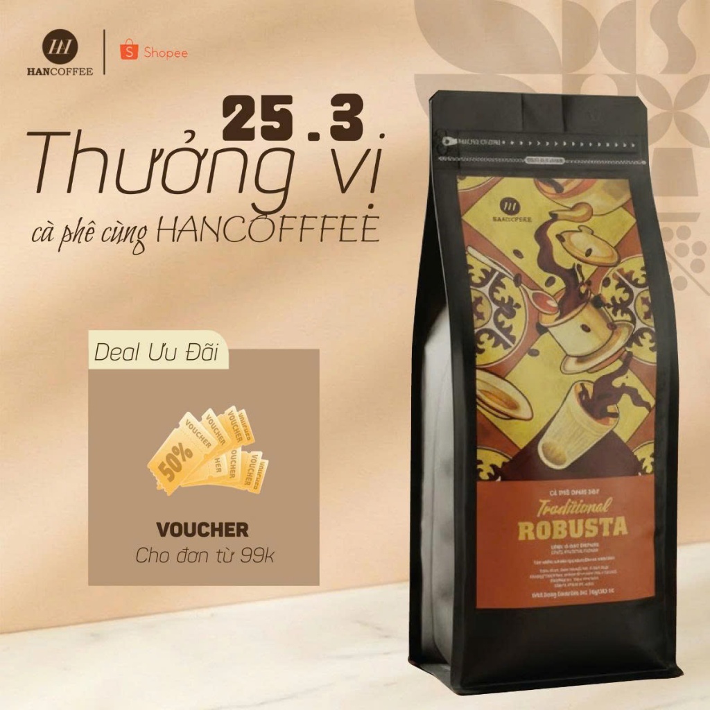 Cà phê rang xay Traditional Robusta HANCOFFEE dạng bột gói 1kg nguyên chất phù hợp pha phin truyền t