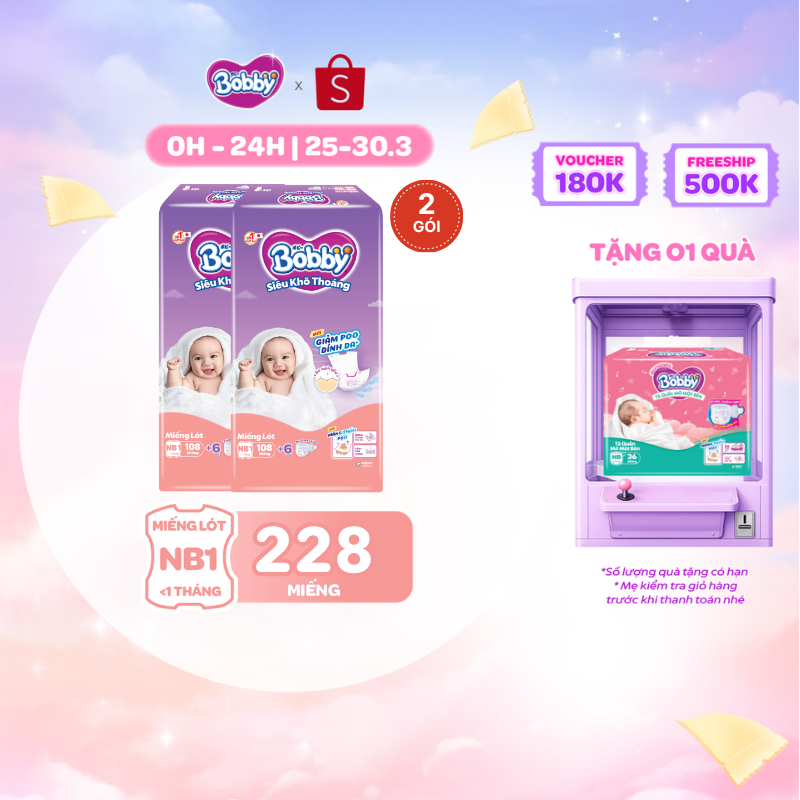 [MUA 2 TẶNG 1] Combo 2 gói miếng lót sơ sinh Bobby Newborn 1-108 miếng  - Tặng miếng ngẫu nhiên