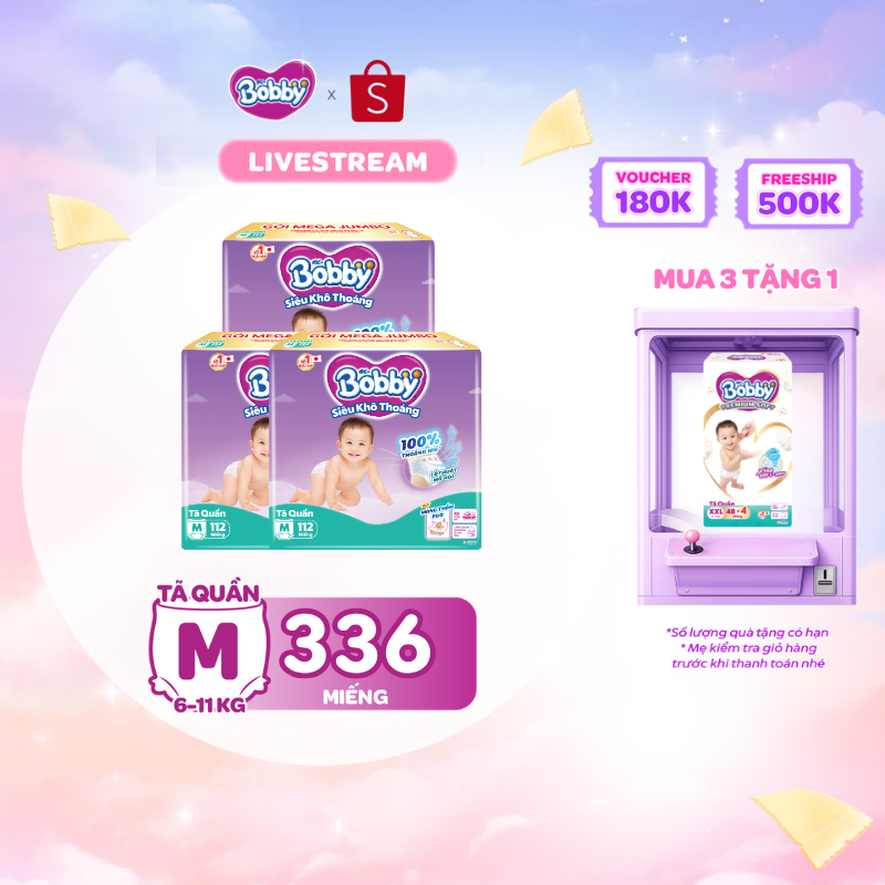[KOL] [TẶNG MIẾNG] Combo 3 tã quần Bobby Siêu Khô Thoáng - 100% Thoáng Khí Mega Jumbo M112/L96/XL84/XXL76