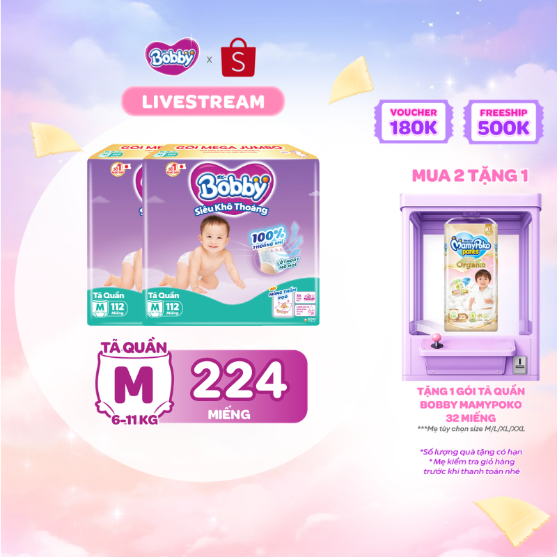[KOL] [TẶNG MIẾNG] Combo 02 tã quần Bobby Siêu Khô Thoáng - 100% Thoáng Khí Mega Jumbo M112/L96/XL84/XXL76