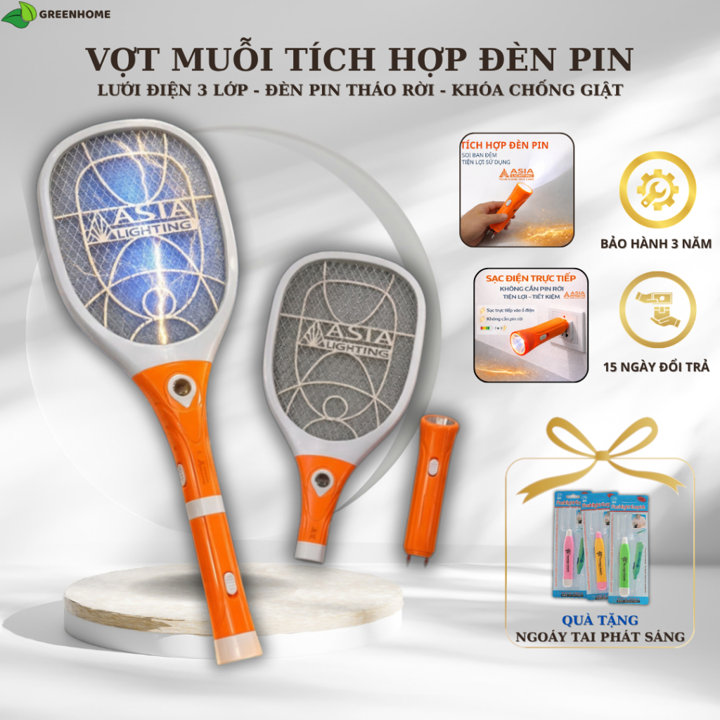 Vợt Muỗi Tích Hợp Đèn Pin VM05 Asia Lighting 2in1 – Đèn UV Bắt Muỗi + Đèn Pin Tháo Rời, Sạc USB, Lướ