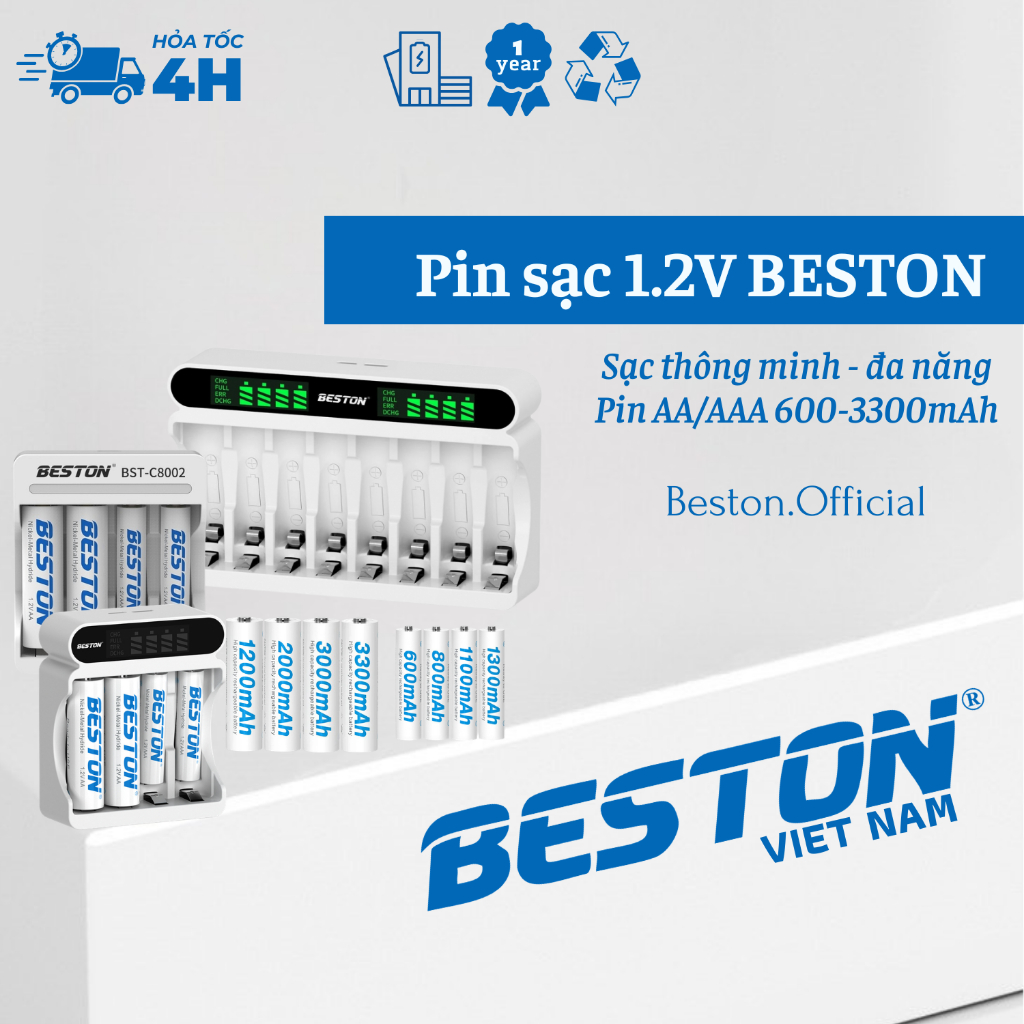 Pin sạc và sạc Ni-Mh 1.2V AA/AAA - Dung lượng cao đến 3300mAh - (BẢO HÀNH 1 NĂM) - BESTON