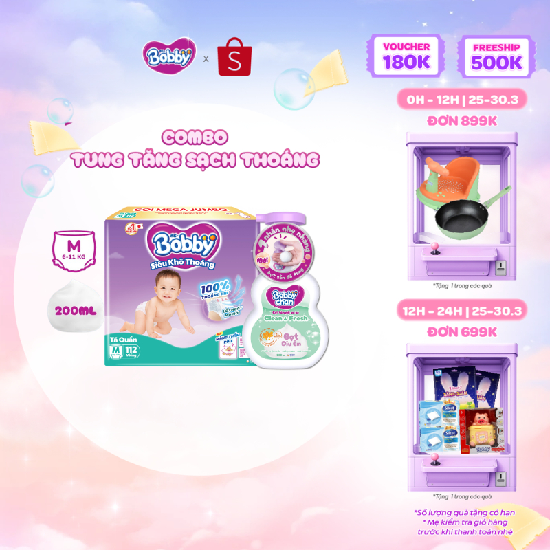 Combo sạch thoáng: Tã quần Bobby Mega Jumbo size M112+4/L96+4/XL84+4/XXL76+4 & Bọt tắm gội em bé Cle