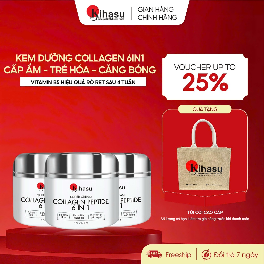 Combo 3 Hũ Kem Dưỡng Kihasu Collagen Peptide 6in1 Hỗ Trợ Căng Bóng, Trẻ Hóa, Cấp Ẩm Cho Làn Da