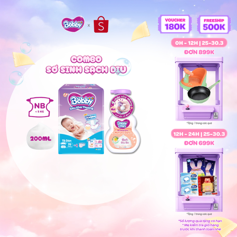 Combo sơ sinh sạch dịu: Tã dán sơ sinh Bobby NB70 (XS70) & Bọt tắm gội em bé Nature Care - Soft Care