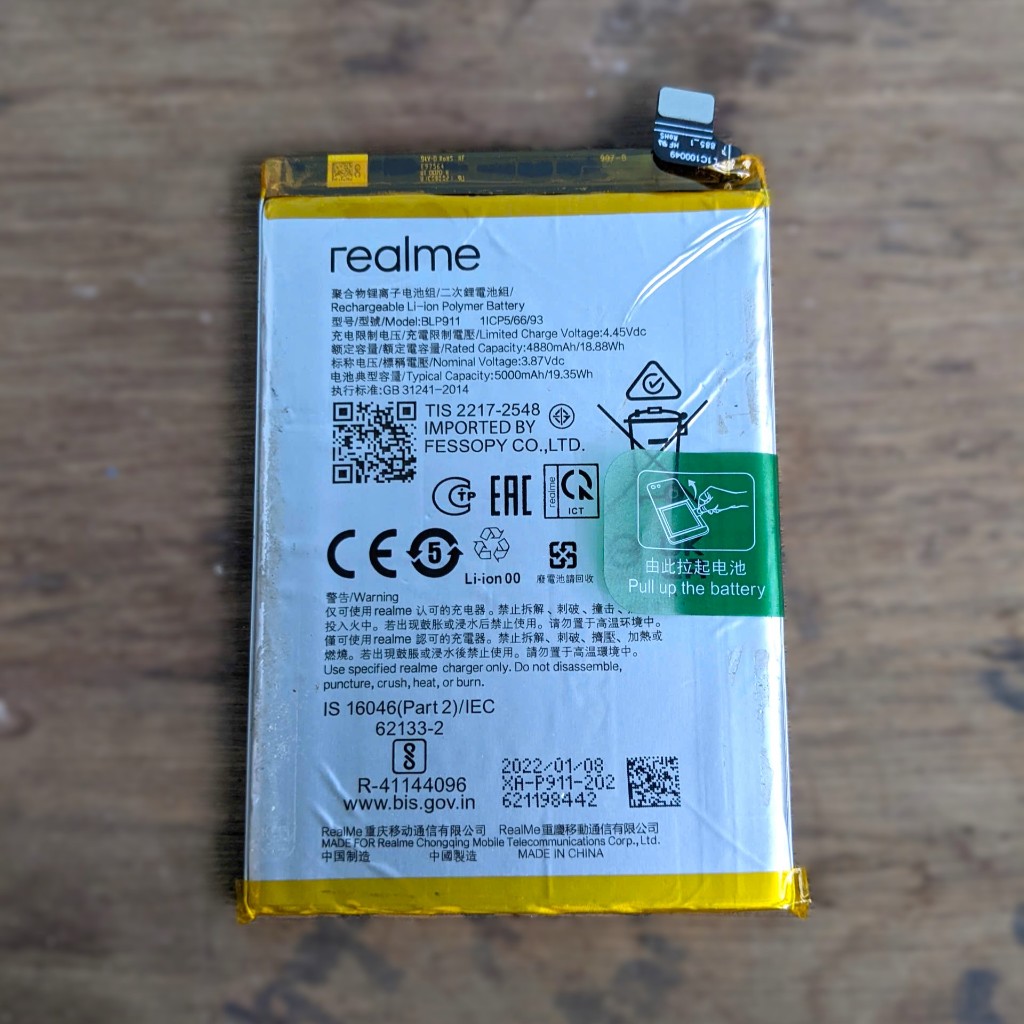 Pin Realme 9i / 9 Pro / BLP911-5000mAh zin chính hãng tháo máy,hoạt động tốt.