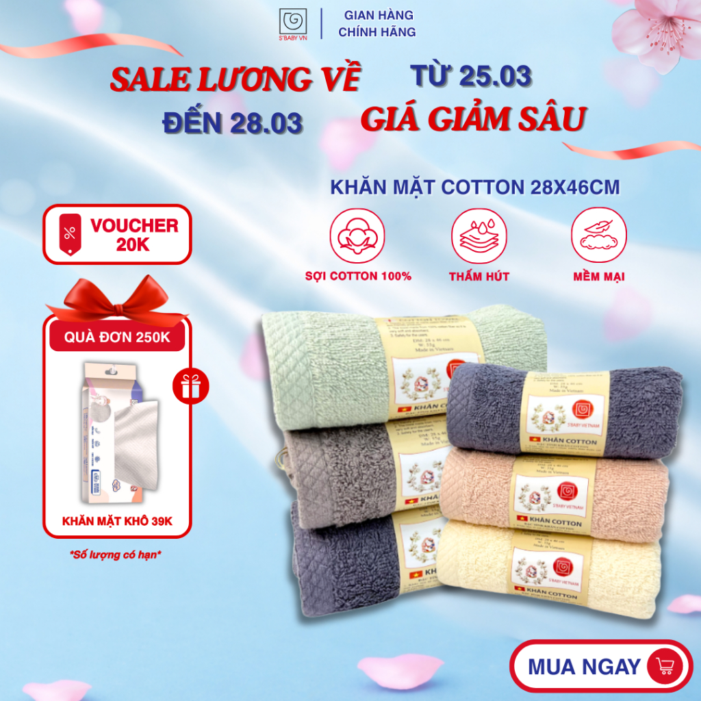 Khăn Mặt Cotton S'BABY 28x46cm Sản Xuất Từ Nguyên Liệu Tự Nhiên Mềm Mại, An Toàn Cho Da