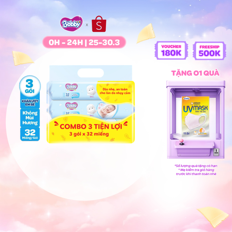 Combo tiện lợi 3 gói Khăn ướt Bobby không mùi 32 tờ/gói (Xanh)