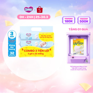 Combo tiện lợi 3 gói Khăn ướt Bobby không mùi 32 tờ/gói (Xanh)