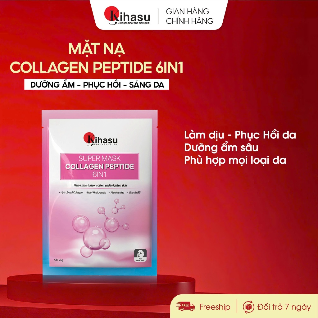 Miếng Mặt Nạ Collagen Kihasu 6in1 25g Cấp Ẩm, Dưỡng Da Sáng Đều Màu, Bổ sung Collagen, Cho Làn Da Mờ